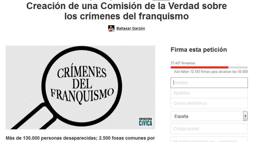 Captura de pantalla de la petición realizada por Baltasar Garzón a través de Change.org.