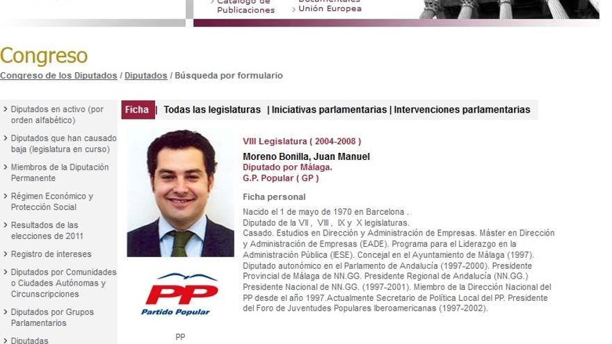 Currículum oficial del Congreso de los Diputados de Juan Manuel Moreno Bonilla (2004-2008)