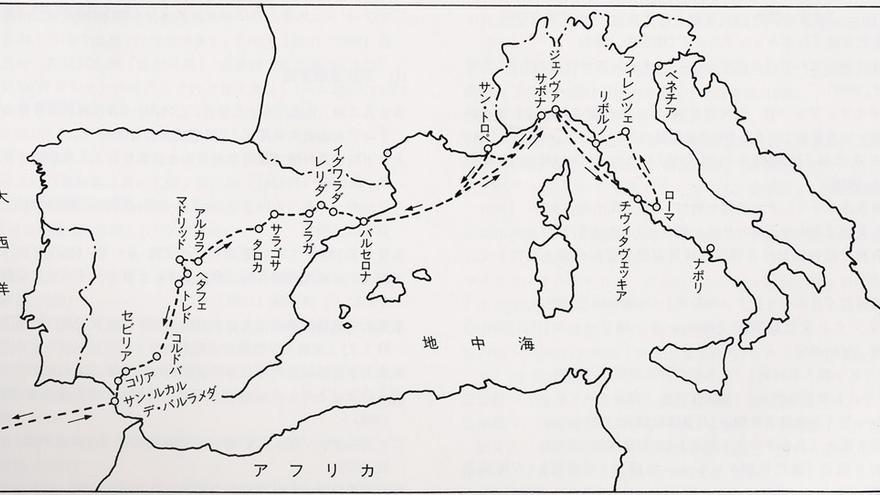 Mapa del recorrido en Europa de la misión Keicho (1613-1620)