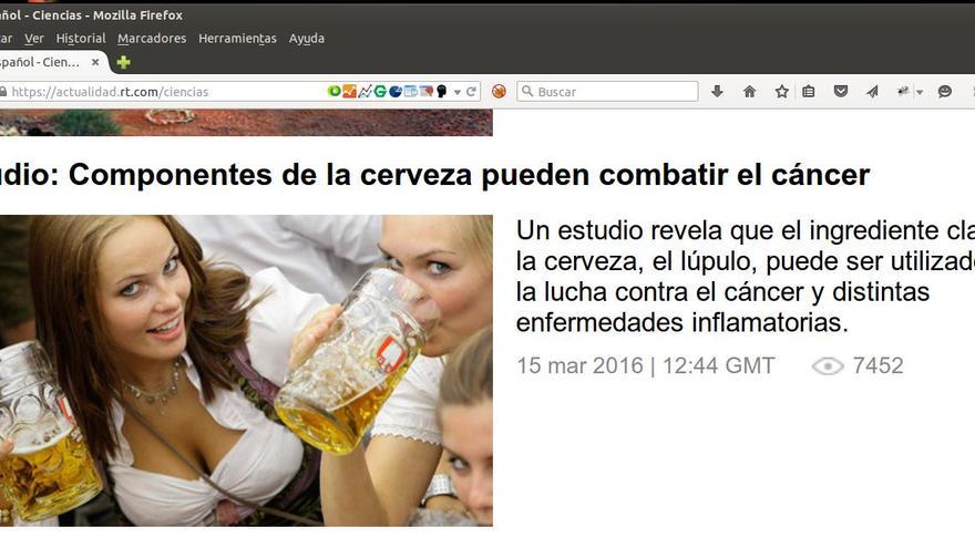 Imagen que Rusia Today utilizó para ilustrar una noticia sobre las propiedades anticancerígenas de la cerveza.