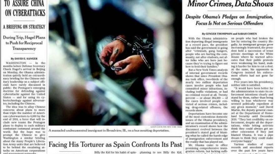Portada del New York Times con un reportaje destacado sobre la querella argentina que investiga crímenes del franquismo