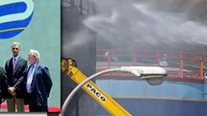En la imagen de la izquierda, Arias Cañete, delante del tanque en el que ocurrieron los hechos. En la fotografía de la derecha,  operarios intentado sofocar el fuego. 