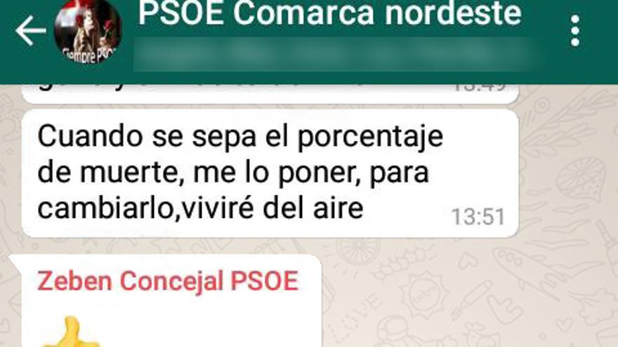 Cadena de mensajes de Zebenzuí en el grupo de WhatsApp del PSOE Nordeste. Para evitar que puedan ser identificados sus participantes, sus nombres y otros detalles han sido editados.