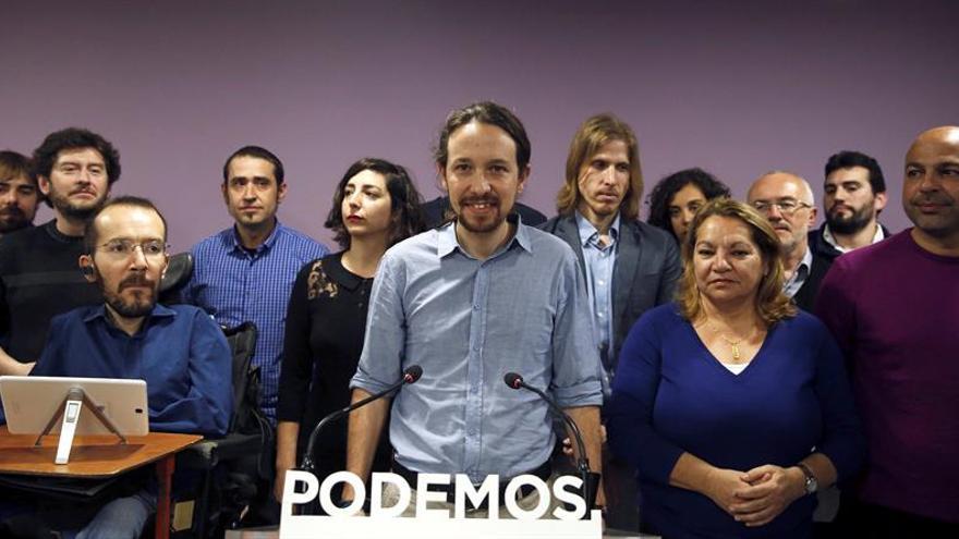 El secretario general de Podemos, Pablo Iglesias, en la rueda de prensa tras el anuncio de Pablo Echenique como nuevo secretario de Organización en sustitución de Sergio Pascual