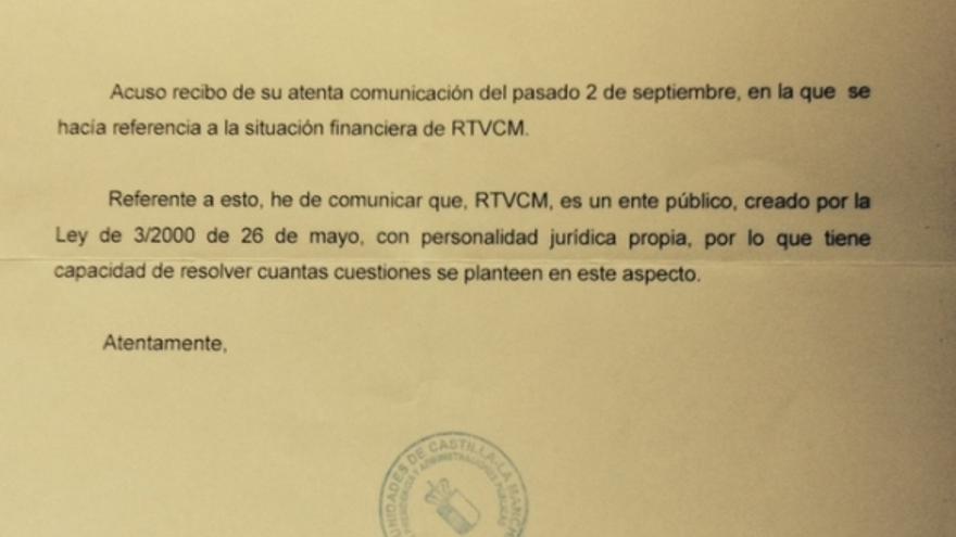 Carta de Consejería de Presidencia de Castilla-La Mancha en respuesta a Comité de Empresa CMT / Foto: Comité de Empresa CMT