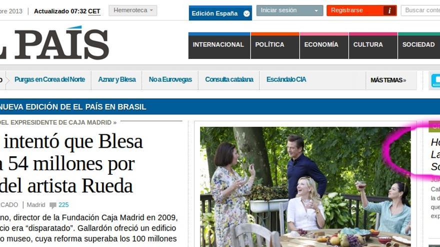 Captura del artículo en la portada de El País