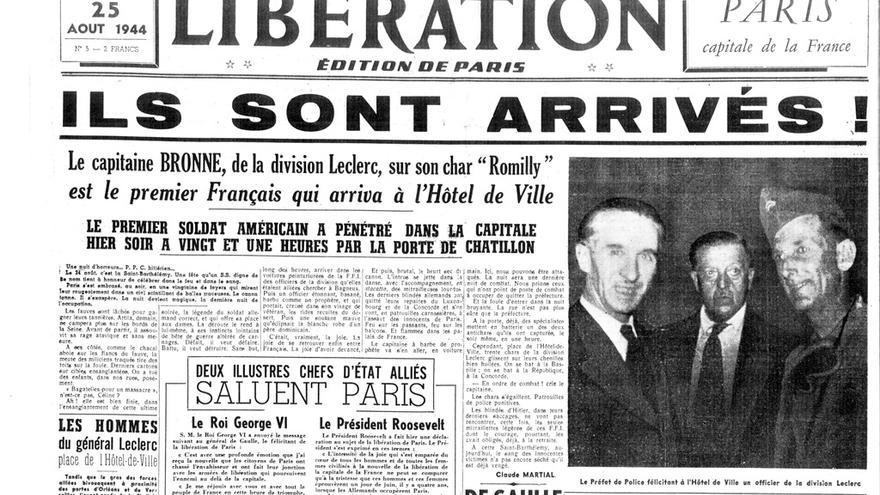 Portada del periódico francés Libération tras la liberación de París, con Amado Granell el primero por la derecha