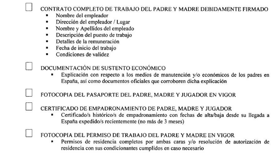 Extracto de algunos de los requisitos que exige la Federación Española de Fútbol para la "inscripción de menores extranjeros menores de 10 años".