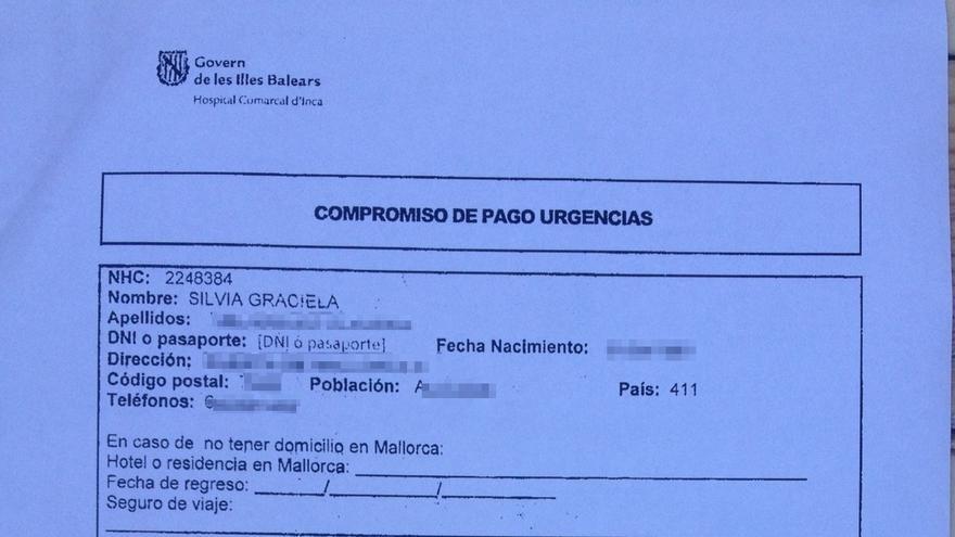 Factura de cobro del servicio de urgencias de Silvia, enferma de cáncer. Documento cedido por Amnistía Internacional.