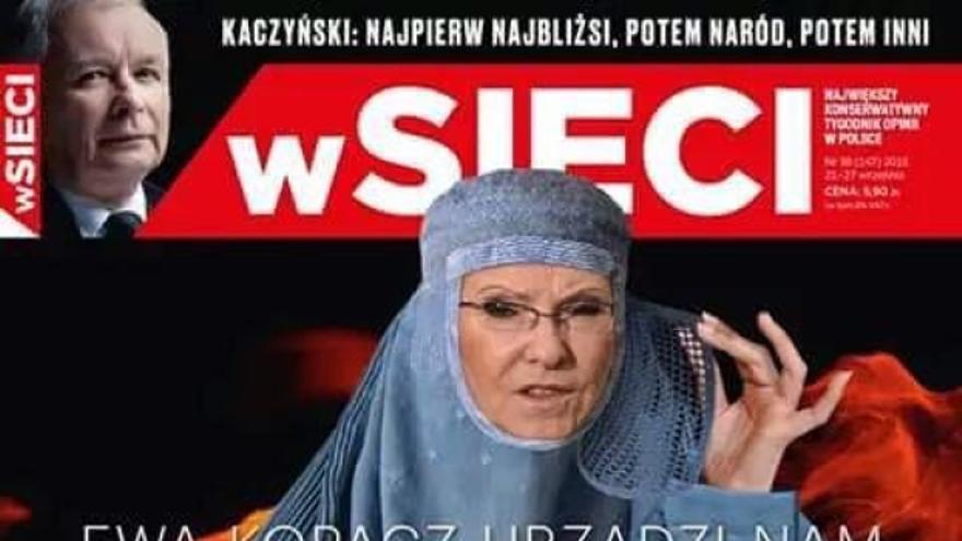 La entonces primera ministra polaca Ewa Kopacz portando un velo islámico y cargada de explosivos en la portada de wScieci.