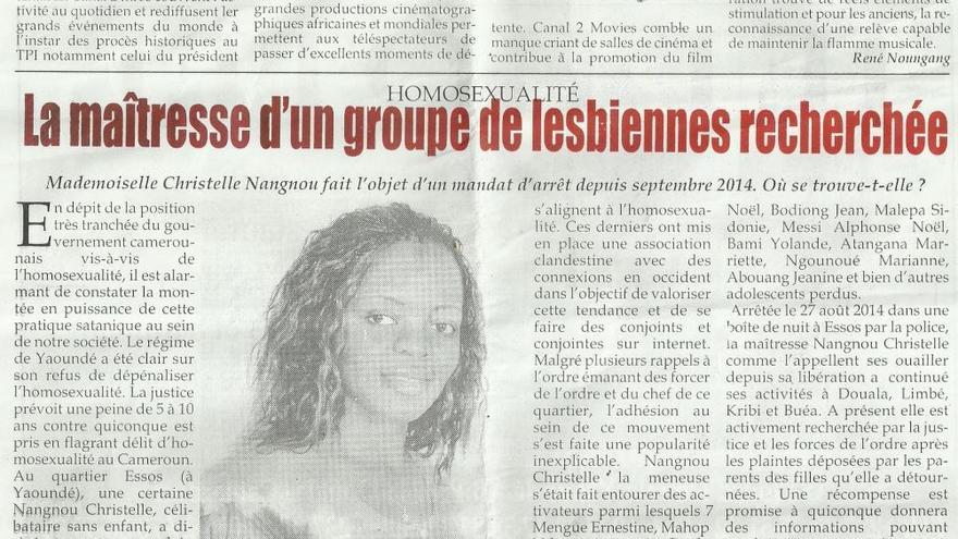 Noticia publicada en un diario de Camerún donde llaman a Christelle "líder de un grupo de lesbianas" y dicen que la homosexualidad es una 'práctica satánica'