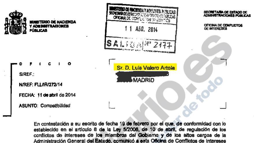 Autorización de la Oficina de Conflicto de Intereses para permitir a Luis Valero ser consejero en Enagás