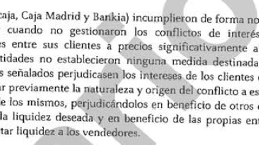 Fragmento del informe de la CNMV titulado "Informe razonado sobre el case de operaciones sobre participaciones preferentes y deuda subordinada emitidas por Bancaja y Caja Madrid, entidades integradas en Bankia (eldiario.es)