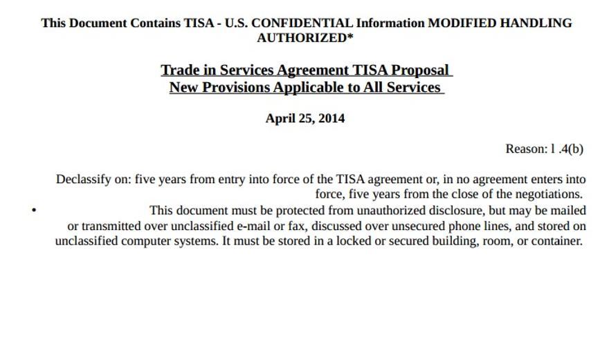 Primera página del borrador con las propuestas de EEUU en las negociaciones del TISA.