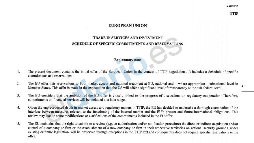 Nota explicativa del borrador del TTIP que maneja la Comisión de Servicios e Inversión de la UE