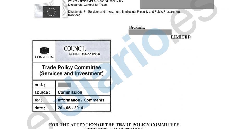 Primera página del borrador del TTIP que maneja la Comisión de Servicios e Inversión de la UE