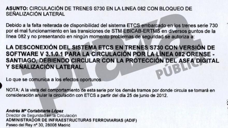 Autorización para desconectar el ERTMS en los Alvia, firmada por Cortabitarte