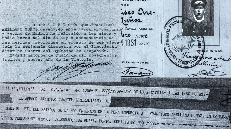 Francisco Arellano: carnet del Círculo Republicano al que pertenecía, telegrama en el que Franco se da por “enterado” de su pena de muerte y parte de defunción.