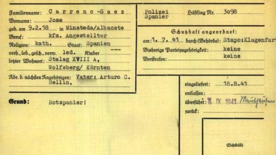 Ficha de José Carreño en Buchenwald con la anotación “Rotspanier”, rojo español, en la mitad inferior izquierda.