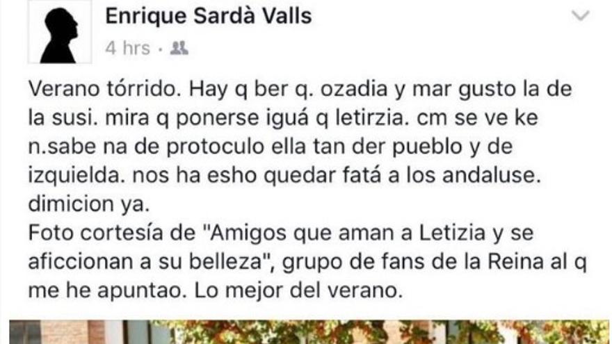 Post en Facebook de Enrique Sarda Vàlls, Cónsul General de España en Washington DC.