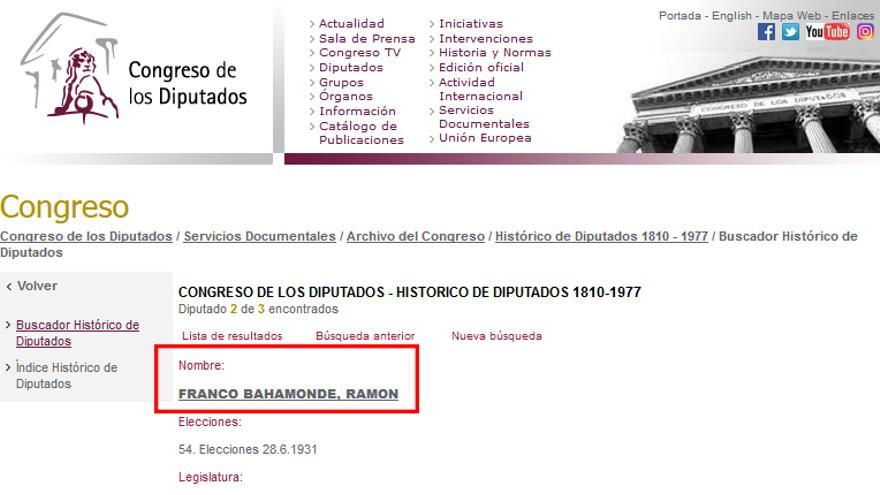 Ficha de Ramón Franco como diputado de ERC en el Congreso de los Diputados.