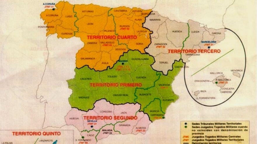 Mapa de la organización territorial de la Jurisdicción Militar, que refleja el ámbito geográfico de actuación de cada Tribunal y las provincias que engloba