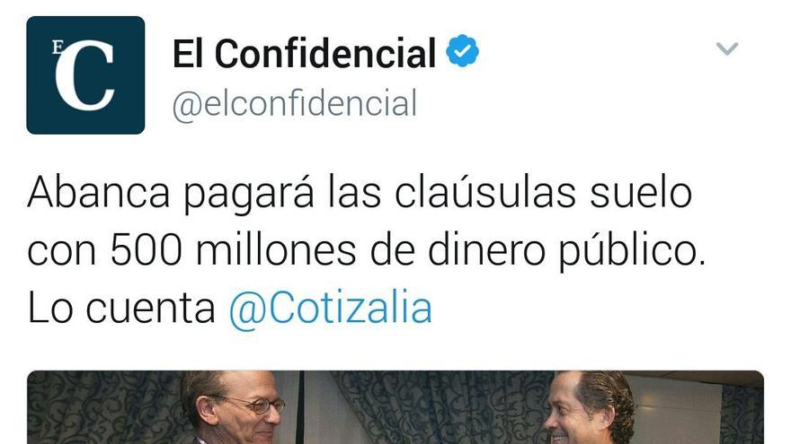 Noticia publicada en El Confidencial: "Abanca pagará las cláusulas suelo con 500 millones de dinero público"