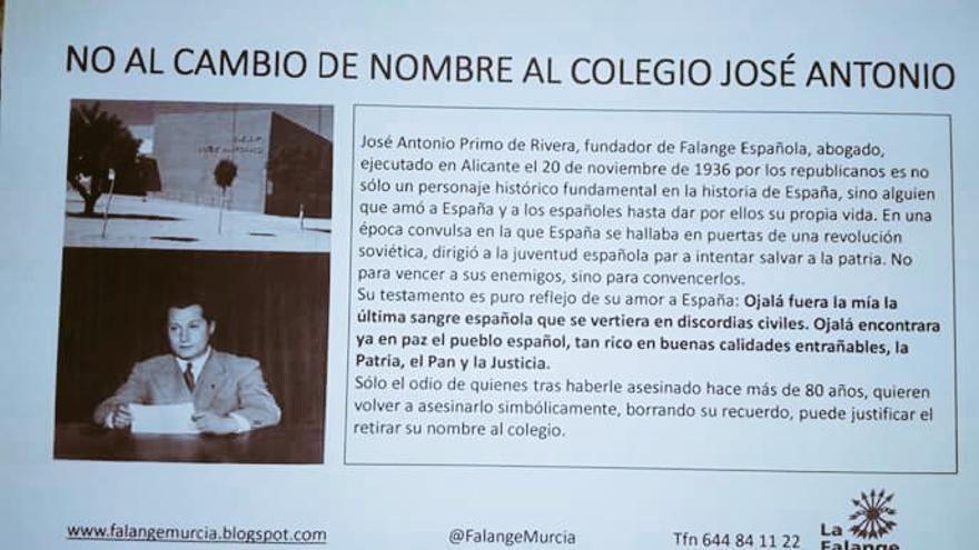 Panfleto contra el cambio de nombre del colegio José Antonio de Fuente el Álamo