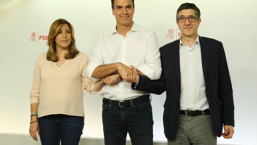Susana Díaz, Pedro Sánchez y Patxi López, tras el recuento en las primarias del PSOE.