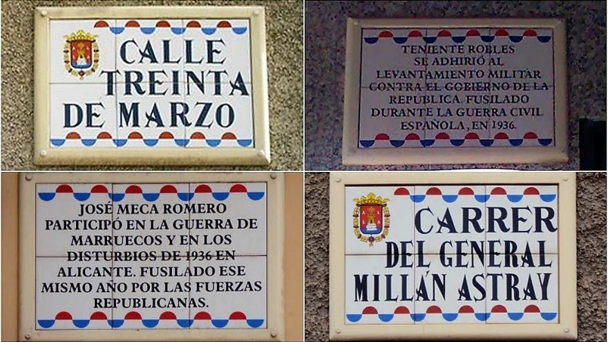 Algunos ejemplos de nombres de calles con nombres franquistas en la ciudad de Alicante