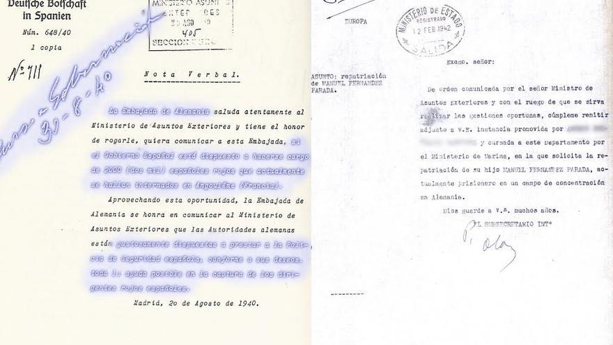 A la izquierda, carta enviada por la Embajada alemana en Madrid preguntando qué hacer con 2.000 españoles refugiados. A la derecha, carta enviada a la Embajada española en Berlín, por orden de Serrano Súñer, para que gestionara la liberación de un prisionero español de Mauthausen. Cuando llegó la orden, ya había fallecido.