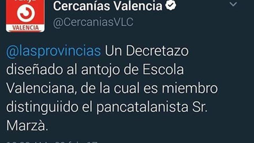 El tuit publicado desde la cuenta oficial de @CercaniasVLC contra Vicent Marzà