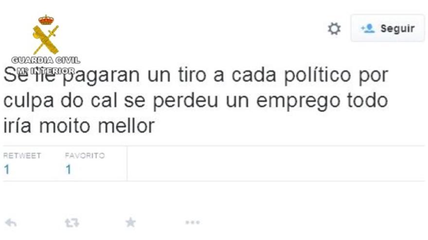 Uno de los tweets mostrados pola Guardia Civil como muestra de "incitación al odio"
