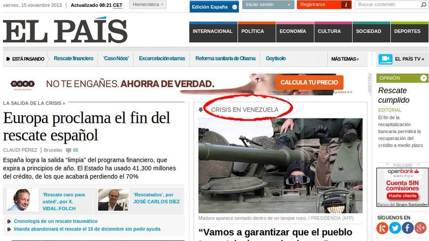 Información en la portada de elpais.com sobre Venezuela.