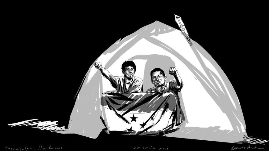 Una ilustración que retrata a dos de los miembros de la acampada./ Germán Andino