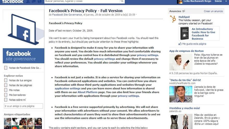 Página de la política de privacidad de Facebook