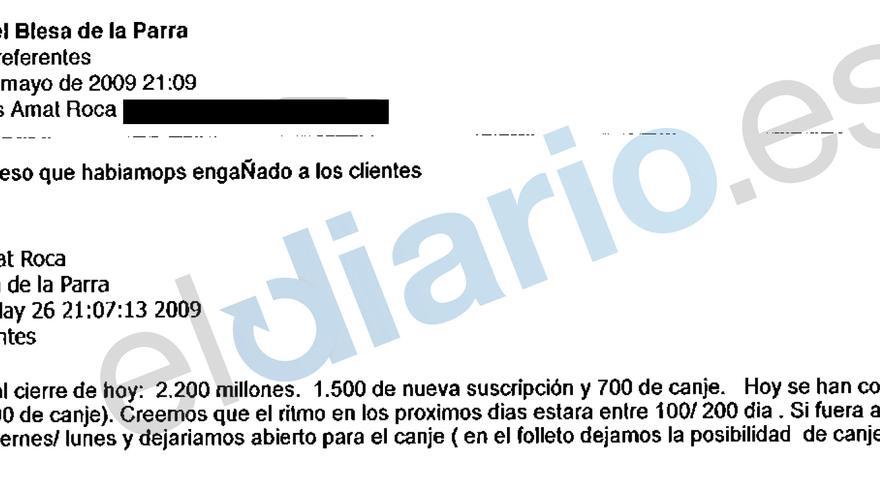 Extracto de un correo electrónico entre el presidente de Caja Madrid en 2009, Miguel Blesa, y su director general de Negocios sobre el lanzamiento de preferentes (eldiario.es)