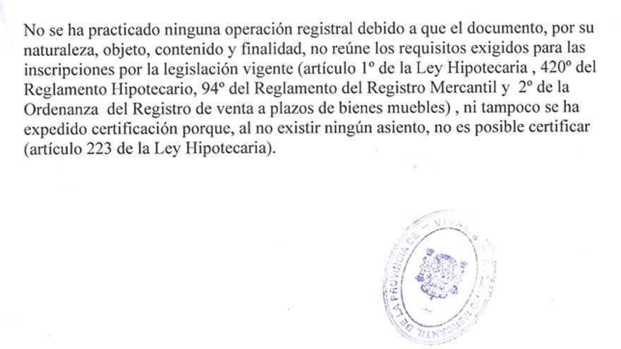 Escrito del Registro de la Propiedad de Bilbao que explica los motivos que impiden completar la inscripción