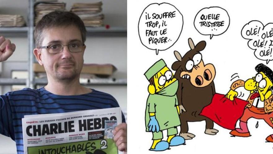 El dibujante Charb, editor de 'Charlie Hebdo', y una de sus viñetas antitaurinas