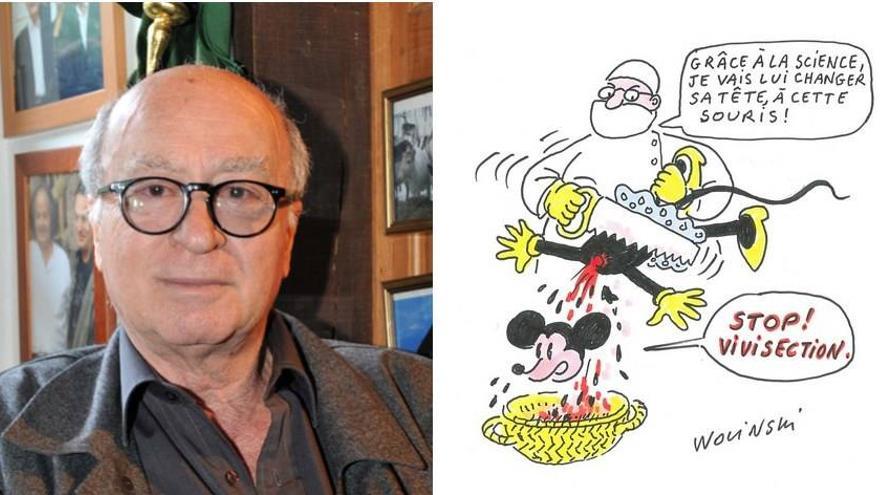 El dibujante Wolinski y una de sus viñetas contra la vivisección