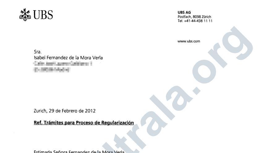 Certificado de titularidad de Isabel Fernández de la Mora de una cuenta en el banco suizo UBS