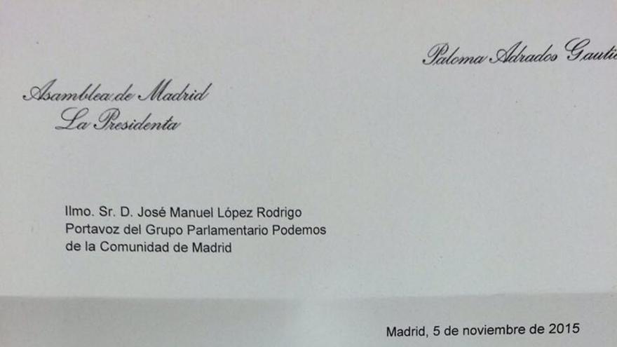 Carta de la presidenta de la Asamblea de Madrid.