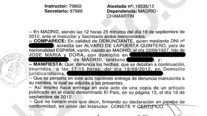 Denuncia presentada por Álvaro Lapuerta en comisaría (página 1)