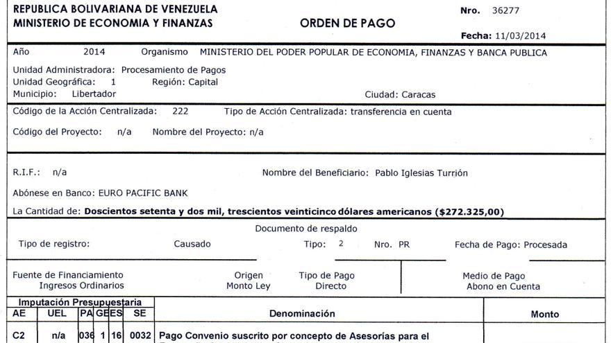 Documento del supuesto pago de Venezuela a Pablo Iglesias difundido por factoresdepoder.com