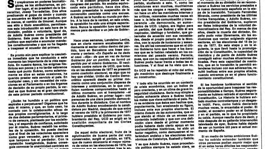 Editorial de El Periódico tras la dimisión de Suárez