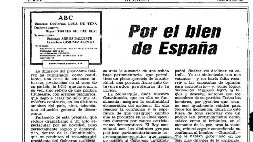 Fragmento del editorial de ABC tras la dimisión de Suárez en enero de 1981