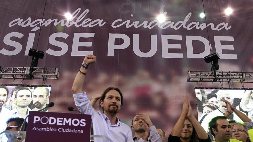 Pablo Iglesias, Juan Carlos Monedero, Luis Alegre y Tania González, en el cierre de la Asamblea de Podemos en Vistalegre. / Marta Jara