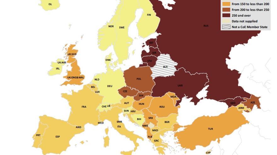 Mapa de la población presa en Europa / Informe SPACE del Consejo de Europa