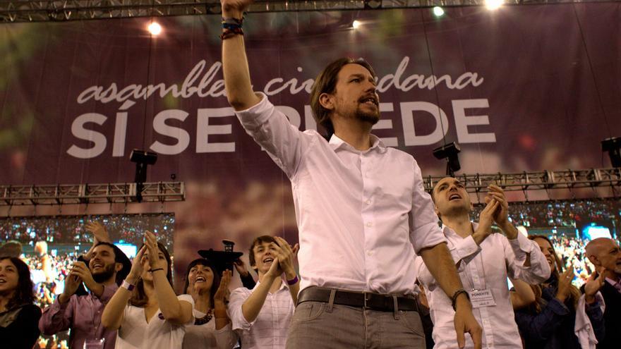 Pablo Iglesias, en el escenario de Vistalegre en la Asamblea fundacional de Podemos. / Marta Jara