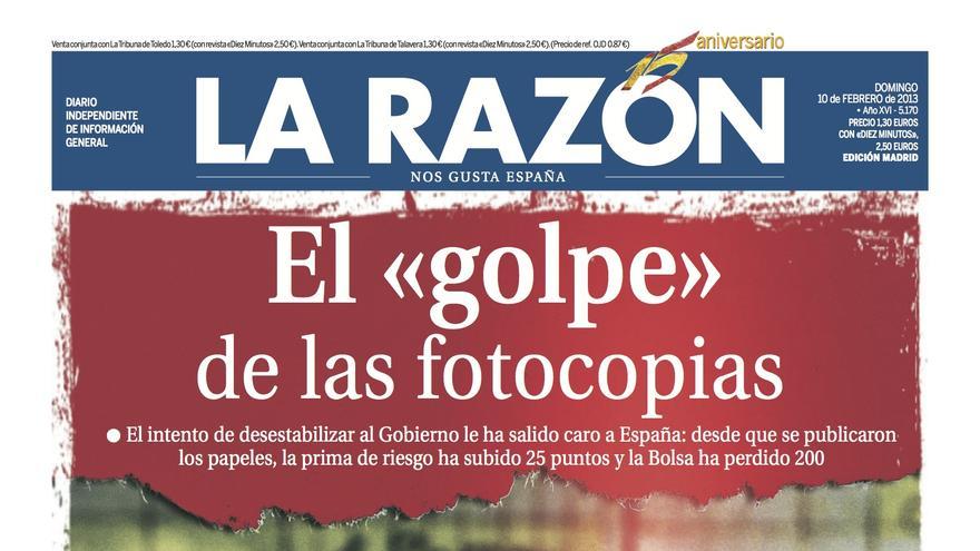 Portada del diario La Razón del 10 de febrero de 2013. 